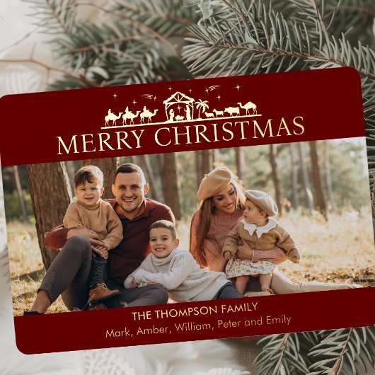 Familie Foto Eenvoudige Geboorte Religieuze Kerstm Folie Feestdagenkaart