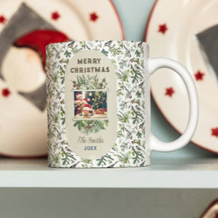 Familie Foto Foliage Groen Kerstmis Koffiemok