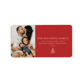 Familie Foto Gouden Kerstboom Rood Label (Voorkant)