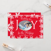 Familie Foto Kerst Kaart Rood Wit Sneeuwvlokken H (Voorkant / Achterkant in situ)