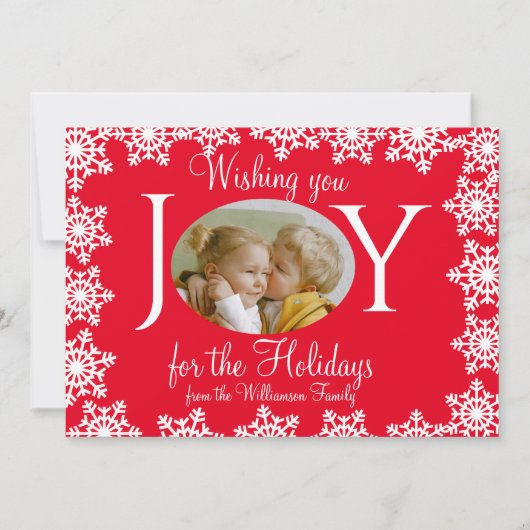 Familie Foto Kerst Kaart Rood Wit Sneeuwvlokken V (Voorkant)