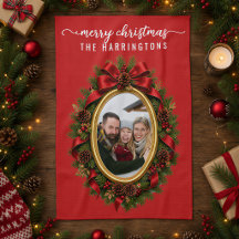 Familie Foto Kerstboom Krans Elegante Script