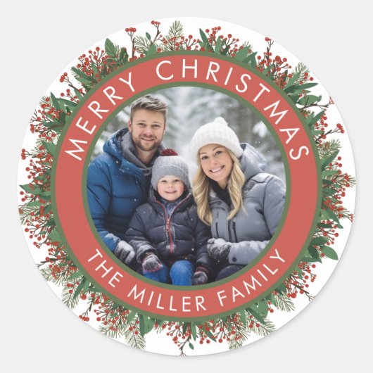 Familie Foto Kerstkrans Rood Groen Modern Ronde Sticker (Voorkant)