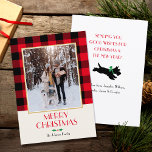 Familie Foto Kerstmis Custom Rood Flat Feestdagenkaart<br><div class="desc">Een traditionele kerstkaart sjabloon, klaar voor u om te personaliseren met uw eigen tekst en foto. Dit feestelijke ontwerp heeft een gecontroleerd Buffalo Plaid-patroon dat je foto omlijst en een Scottie Dog-afbeelding in stijl op de achterkant. Dit is een bewerkbare sjabloon, zodat u alle tekst kunt aanpassen en uniek kunt...</div>