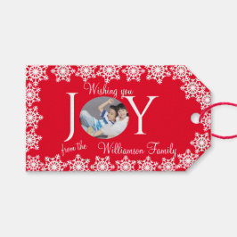 Familie Foto Kerstmis Rood Wit Sneeuwvlok H Cadeaulabel