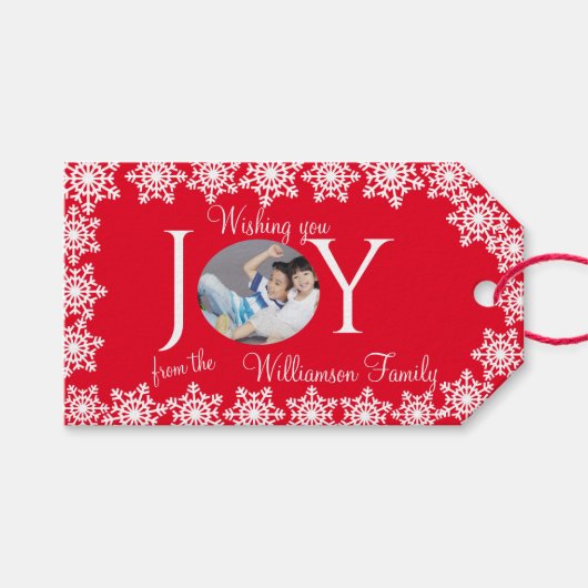 Familie Foto Kerstmis Rood Wit Sneeuwvlok H Cadeaulabel (Voorkant (Horizontaal))