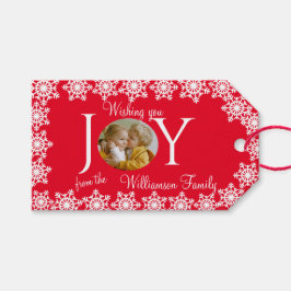 Familie Foto Kerstmis Rood Wit Sneeuwvlok V Cadeaulabel