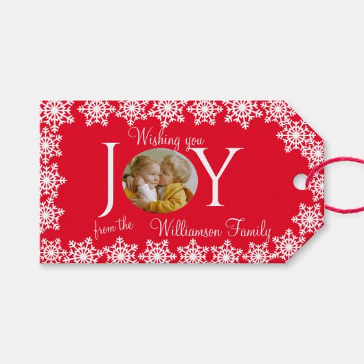 Familie Foto Kerstmis Rood Wit Sneeuwvlok V Cadeaulabel (Voorkant (Horizontaal))