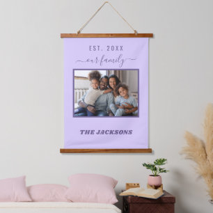 Familie foto lavendel violet naam script hangend wandkleed