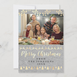 Familie Foto Merry Kerstmis Gold Kraft Gray Feestdagenkaart