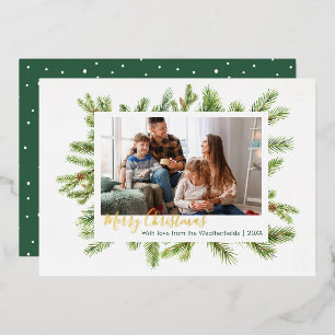 Familie Foto met kerstwinter Pine Gold Folie Feestdagenkaart