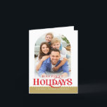 FAMILIE FOTO Minimale moderne boog goud rood Feestdagen Kaart<br><div class="desc">door kat massard >>> WWW.SIMPLYSWEETPAPERIE.COM <<< Een op trend kaart ontwerp met de quote "GELUKKIGSTE FEESTDAGEN" met gecombineerde boogvorm voor uw favoriete foto met tekst gelaagd over de onderkant. NEEM CONTACT OP MET kat@simplysweetpaperie.com als u een hand nodig heeft om uw foto perfect te laten passen</div>