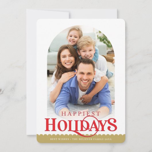 FAMILIE FOTO Minimale moderne boog goud rood Feestdagenkaart (Voorkant)