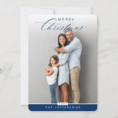 FAMILIE FOTO modern calligrafie overlay navy blue Feestdagenkaart (Voorkant)