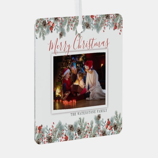 Familie Foto Modern Merry Kerstrustic Metalen Ornament (Voorkant Rechts)