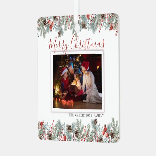 Familie Foto Modern Merry Kerstrustic Metalen Ornament (Voorkant links)