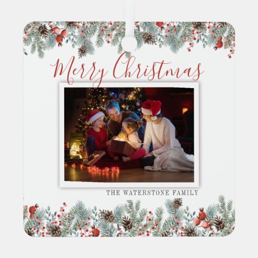 Familie Foto Modern Merry Kerstrustic Metalen Ornament (Achterkant)