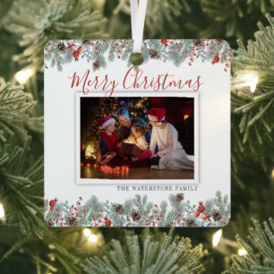 Familie Foto Modern Merry Kerstrustic Metalen Ornament
