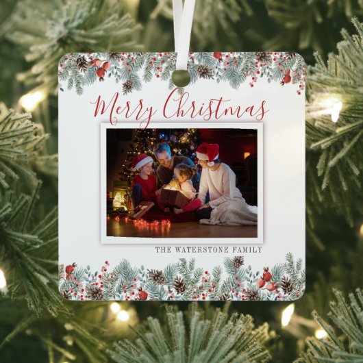 Familie Foto Modern Merry Kerstrustic Metalen Ornament (Insitu)