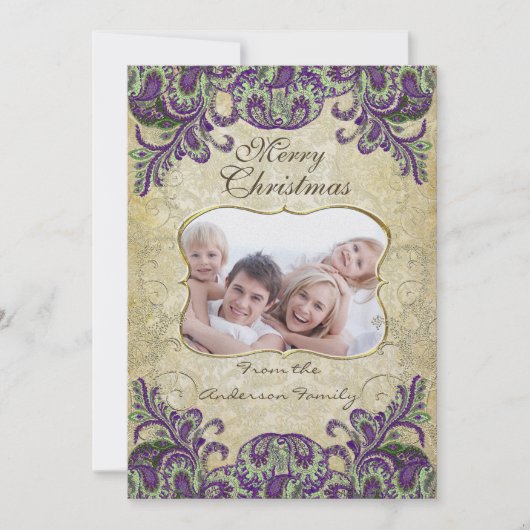 Familie Foto Paars en Green Peacock Kerstmis Kaart (Voorkant)