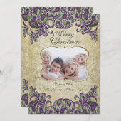 Familie Foto Paars en Green Peacock Kerstmis Kaart (Voorkant / Achterkant)