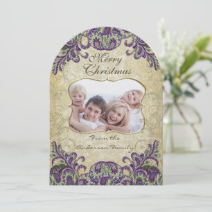 Familie Foto Paars en Green Peacock Kerstmis Kaart