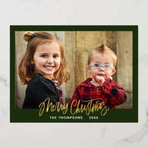 Familie Foto Prettig Kerstman Script Goud Folie Feestdagen Briefkaart