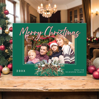 Familie Foto Prettig Kerstmis Denneappel Rode Bess Kaart