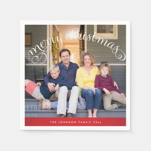 Familie Foto Rode Prettig Kerstfeest Servet (Voorkant)