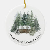 Familie Foto Rustic Pine Forest Cabin Kerstmis Keramisch Ornament (Voorkant)