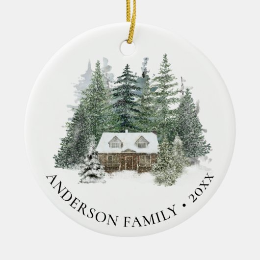 Familie Foto Rustic Pine Forest Cabin Kerstmis Keramisch Ornament (Voorkant)