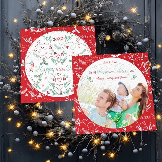 Familie Foto van Happy Little Holiday Green Red Feestdagenkaart