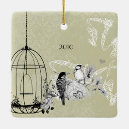 Familie Foto  vogels en vogelkooi op Damask Keramisch Ornament