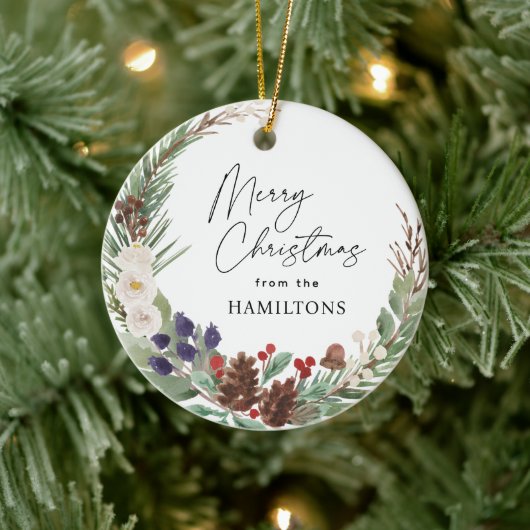 Familie Foto Vrolijk Kerstmis Foliage Krans Keramisch Ornament (Boom)