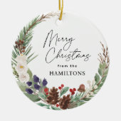 Familie Foto Vrolijk Kerstmis Foliage Krans Keramisch Ornament (Voorkant)