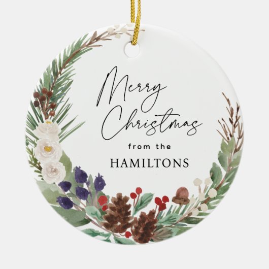 Familie Foto Vrolijk Kerstmis Foliage Krans Keramisch Ornament (Voorkant)