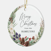 Familie Foto Vrolijk Kerstmis Foliage Krans Keramisch Ornament (Links)