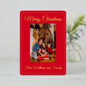 Familie Foto Vrolijk Kerstmis Rood Folie Feestdagenkaart (Staand Voorkant)