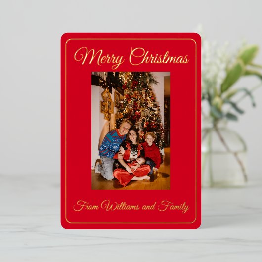 Familie Foto Vrolijk Kerstmis Rood Folie Feestdagenkaart (Staand Voorkant)