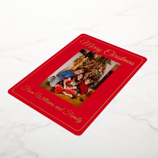 Familie Foto Vrolijk Kerstmis Rood Folie Feestdagenkaart (Gedraaid)