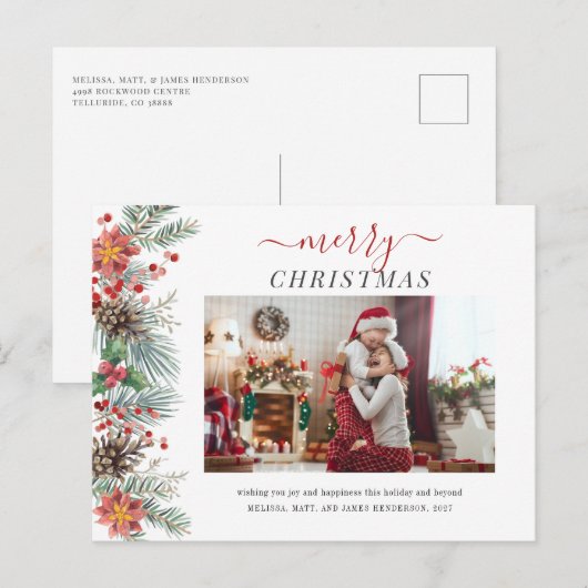 Familie Foto Waterverf Rustic Merry Kerstmis Feestdagenkaart (Voorkant / Achterkant)