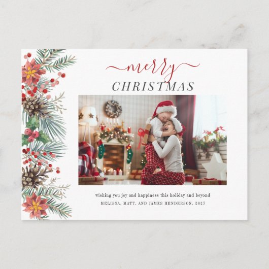 Familie Foto Waterverf Rustic Merry Kerstmis Feestdagenkaart (Voorkant)