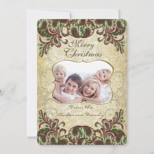 Familie Foto Wijn & Groene Peacock Kerst Kaart (Voorkant)