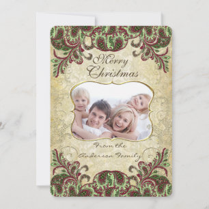 Familie Foto Wijn & Groene Peacock Kerst Kaart