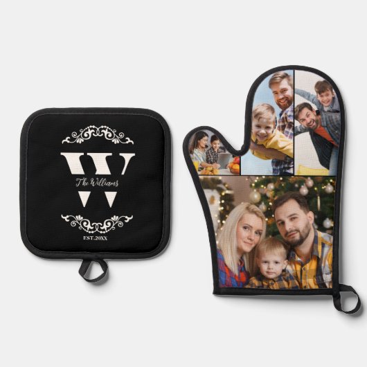 Familie Fotocollage Aangepast Monogram & Naam Ovenwant & Pannenlap Set (Voorkant)