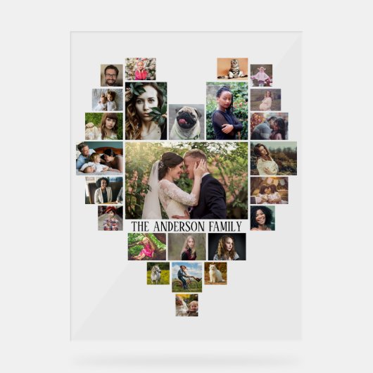 Familie Fotocollage Aangepaste Naam in Hart 25 Pic Acryl Bord (Voorkant)