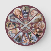 Familie Fotocollage Bourgondische aangepaste bloem Ronde Klok (Voorkant)