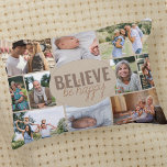 Familie fotocollage gelooft dat Happy Quote beige  Accent Kussen<br><div class="desc">Foto Collage Pillow met 10 van je favoriete foto's. De tekst in het centrum leest "geloof wees gelukkig"en is letterlijk gemaakt in vette typografie en casual, vaag doopvontmanuscript. Het fotomalplaatje is opstelling voor u om 10 afbeeldingen toe te voegen, die in landschaps, vierkant en portret afbeeldingen worden getoond om u...</div>