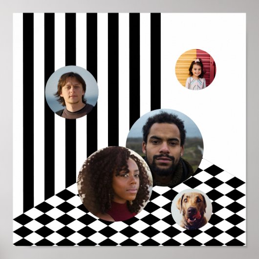 Familie Fotocollage Wit Zwart Strepen Checker Poster (Voorkant)