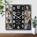 Familie Fotocollage Zwart-wit Art Deco Easy Vierkante Klok<br><div class="desc">Maak je eigen gepersonaliseerde fotocollage klok met deze eenvoudige sjabloon. Deze vierkante, stijlvolle klok heeft witte cijfers in het midden in een lange rechthoek in decostijl en een effen zwarte achtergrond die u kunt "aanpassen" aan elk afbeelding of elke kleur die u wilt. Langs de randen is er ruimte voor...</div>